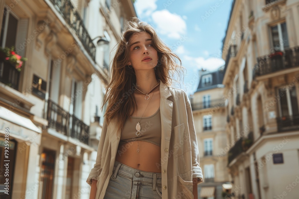young Parisian woman in a summer blazer and shorts, casual street style, walking in a Parisian neighborhood