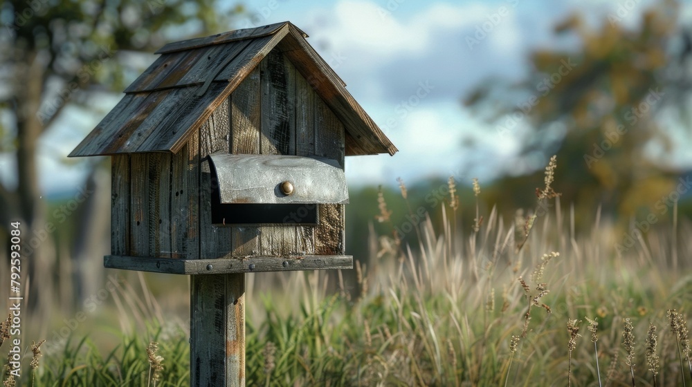 Blank mockup of a rustic wooden mailbox with a metal roof reminiscent of a country farm. . Blank mockup of a rustic wooden mailbox with a metal roof reminiscent of a country farm. .