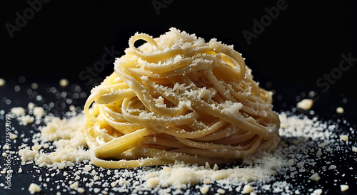 fettuccine alfredo with parmesan cheese isolated on black background.
