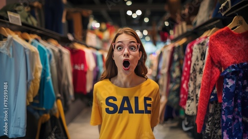 Surprised woman in clothes store with SALE text. Shopping discovery, adventure concept.