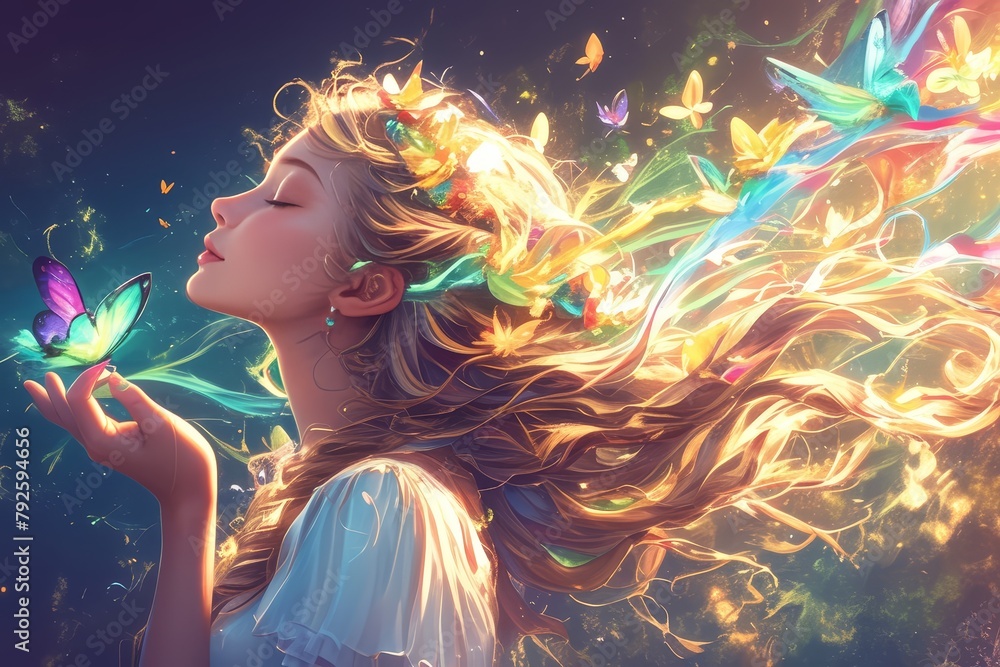 A beautiful woman surrounded by colorful butterflies, with vibrant colors swirling around her like flames of passion and energy. 