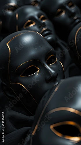 Mysterious 3D black masks with golden trim displayed in a shadowy room