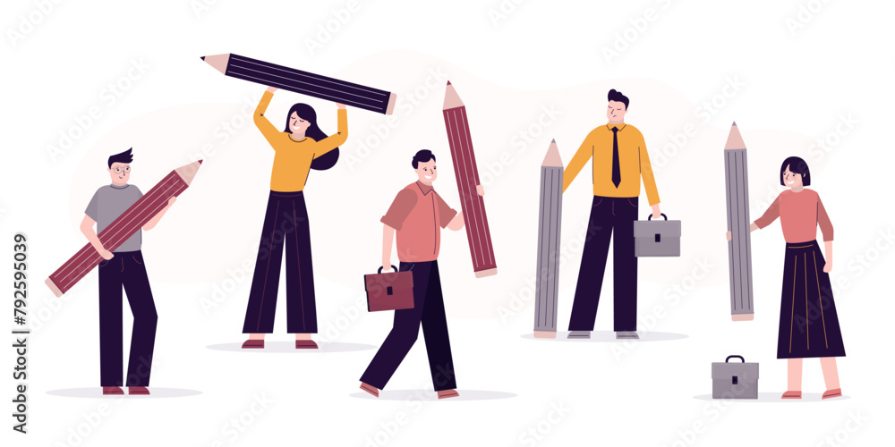 Set of various business people holding huge pencils in their hands. User experience concept. Drawing, writing, creating, design, and blogging concept. Male and female characters.