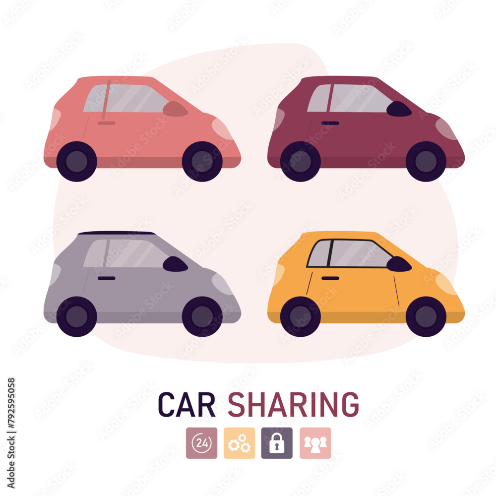 Carsharing service, rent car set. Various colorful rental auto. Carsharing service, rent car set. Various colorful rental auto.