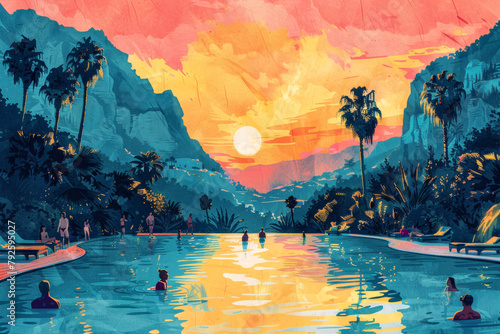 Illustration of pool with relaxed people on golden hour. Beautiful sunset on landscape with mountains and palms. Copy space. Risograph style.