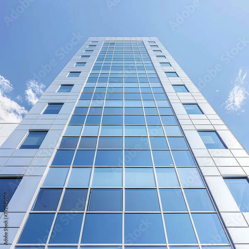 A tall building with many windows and a clear blue sky in the background