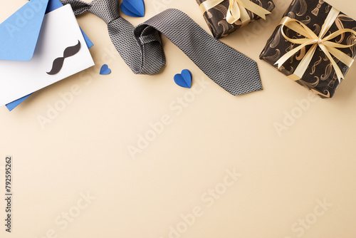 Father's Day background with greeting card, necktie, gift box, and cut-out mustache on a pastel beige backdrop with space for greeting message