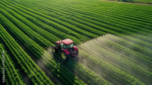 Tractor Spraying Pesticide on Green Field