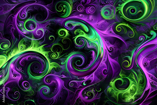 Bold neon swirls and patterns in green and purple hues. Mesmerizing artwork on black background.