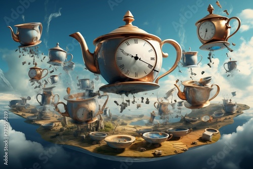 scene from Alice in Wonderland with flying teapots and cups. Tea pouring from flying teapots into floating cups