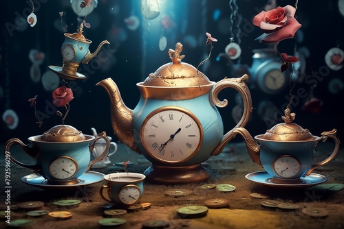 scene from Alice in Wonderland with flying teapots and cups. Tea pouring from flying teapots into floating cups