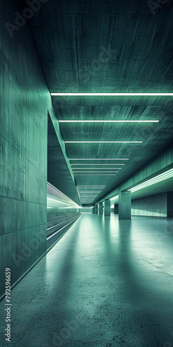 A long, narrow hallway with a green wall. The hallway is empty and the light is on