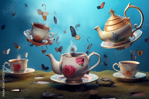 scene from Alice in Wonderland with flying teapots and cups. Tea pouring from flying teapots into floating cups