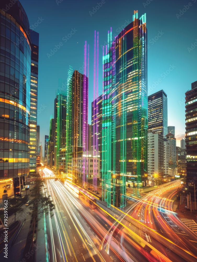 A city skyline at night with a colorful light show. The lights are creating a sense of movement and energy, making the city look vibrant and alive