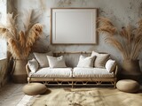 Rustic-themed living room with botanical elements and a blank mock-up frame
