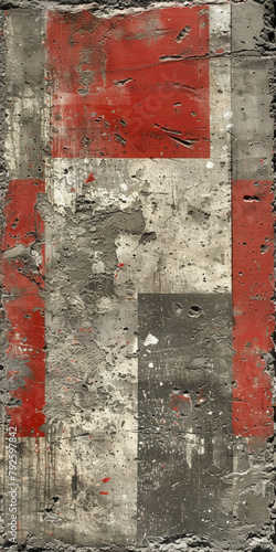 A red and white sign with a grey background. The sign is made of concrete and has a graffiti-like appearance