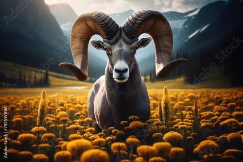 rocky mountain bighorn standing in a field of yellow flowers with a large horn photo
