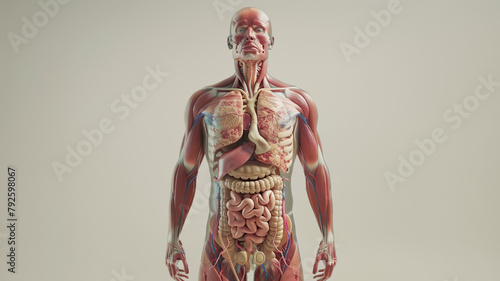An anatomical model showcases detailed human muscles and internal organs in a medical educational context.  © Karen