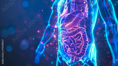 A futuristic 3D illustration of the human digestive system with glowing outlines on a dark background.  © Karen