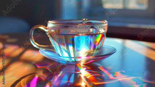 : A translucent tea cup catching the light, creating mesmerizing reflections