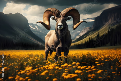 rocky mountain bighorn standing in a field of yellow flowers with a large horn photo