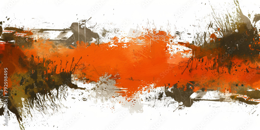 A painting of a line of orange and brown splatters on a white background. The splatters are of different sizes and shapes, creating a sense of chaos and disorder