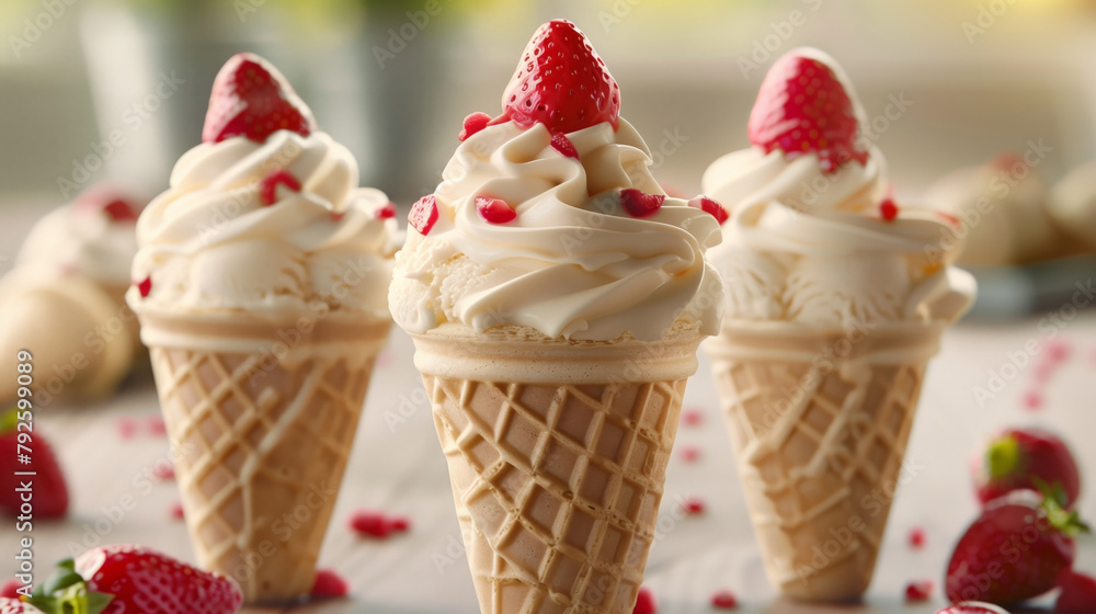 Delicious vanilla ice cream cones topped with fresh strawberries and sprinkles Delicious vanilla ice cream cones topped with fresh strawberries and sprinkles