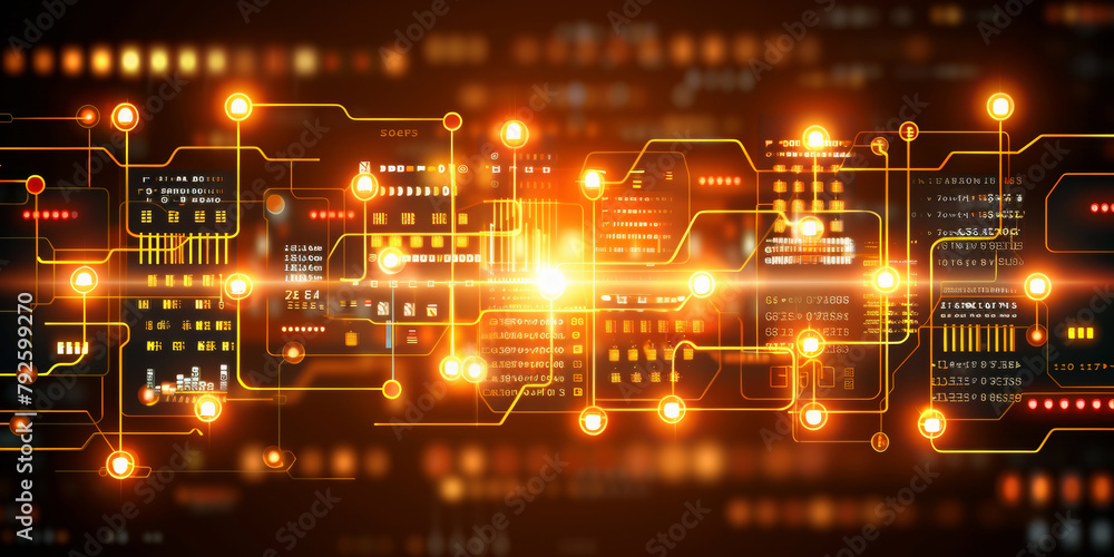 A computer screen with a lot of glowing lines and dots. The image is of a computer network with many different connections. Scene is bright and energetic, with the glowing lines