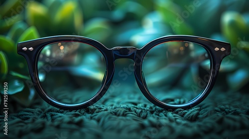A minimalist and unisex square glasses mockup on a solid green background, featuring its thick frames and clean lines, all photographed in high definition to emphasize its versatile and timeless  photo
