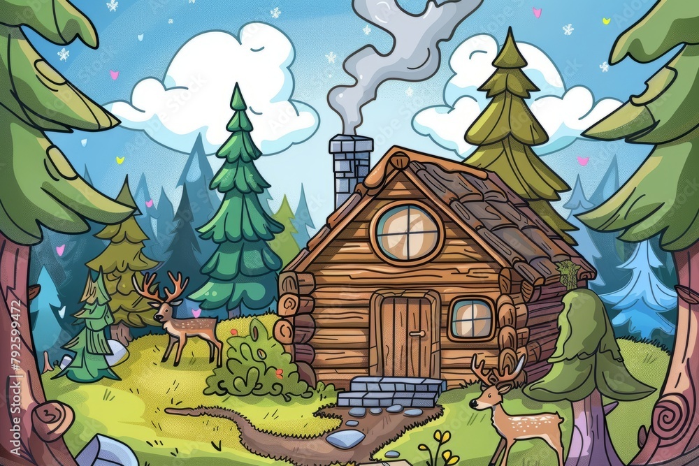 Cartoon cute doodles of a rustic log cabin nestled in the woods, with smoke curling from the chimney and deer grazing nearby, Generative AI