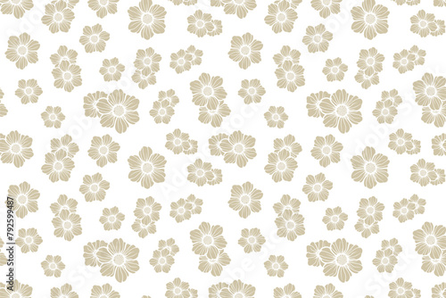 Vector seamless floral pattern. Luxury white and gold botanical ornament with simple flower silhouettes. Elegant minimal golden background texture. Repeated chic design for decor, textile, wallpaper