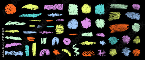 Kids chalk scribbles in pastel colors. Dry pastel smears, scrawls, scratches. Kids crayon lines on blackboard. Vector hand-drawn set. Chalk textured circles, squares, zigzag and rainbow shapes