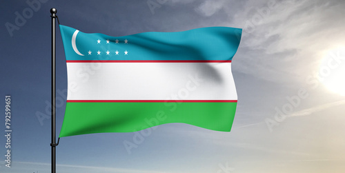 Uzbekistan national flag cloth fabric waving on beautiful grey sky Background.