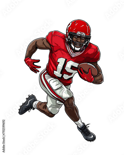 Focused American football player in mid-run with the ball, rendered in a vibrant, action-packed vector style. Generative AI