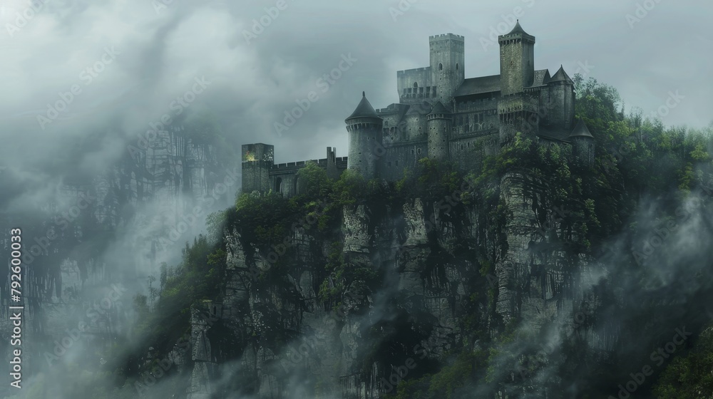 Towering medieval fortress atop a craggy cliff, surrounded by a dense misty forest, evoking an eerie, untouched by time vibe, perfect for D&D maps.