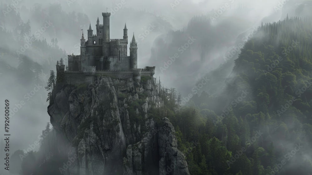 Towering medieval fortress atop a craggy cliff, surrounded by a dense misty forest, evoking an eerie, untouched by time vibe, perfect for D&D maps.