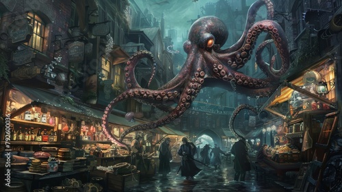 Treasure hunters' delight in a submerged market square, with stalls still stocked with age-old wares, golden coins, and mysterious potions guarded by octopus sentinels. photo
