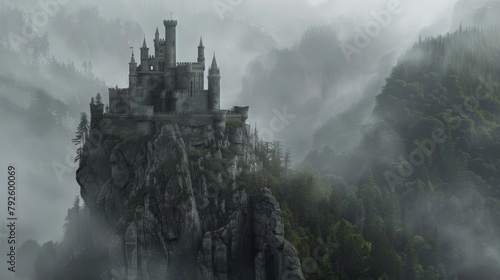 Towering medieval fortress atop a craggy cliff  surrounded by a dense misty forest  evoking an eerie  untouched by time vibe  perfect for D D maps.