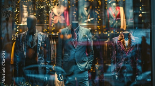 Three mannequins are displayed in a store window