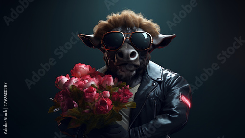 Hyperrealistic ox animal character wearing sunglasses and leather jacket holding bouquet of flowers on minimal dark background. Modern pop art illustration