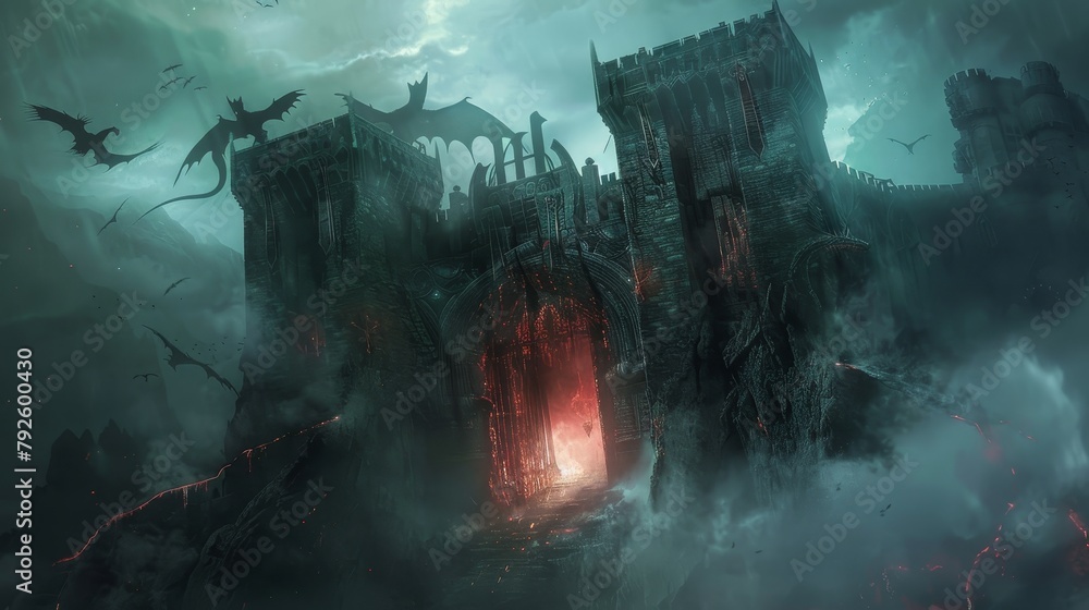 Panoramic view of a fortress's heavily warded gates, guarded by conjured elemental beasts, with wizards overseeing from high ramparts, mist swirling, epic RPG scene - obrazy, fototapety, plakaty 