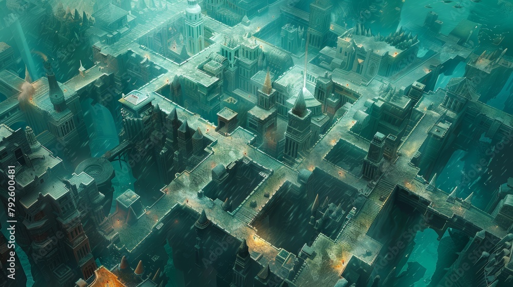 Overhead view of an intricate maze of sunken streets and buildings, bustling with marine life, designed for fantasy game developers. Overhead view of an intricate maze of sunken streets and buildings, bustling with marine life, designed for fantasy game developers.