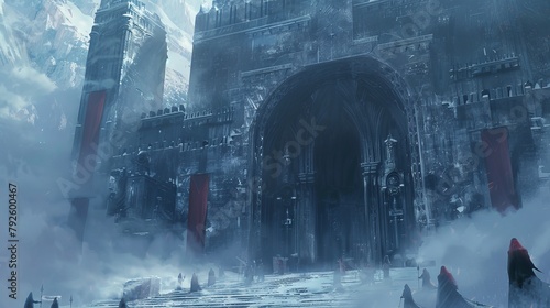 Panoramic view of a fortress's heavily warded gates, guarded by conjured elemental beasts, with wizards overseeing from high ramparts, mist swirling, epic RPG scene