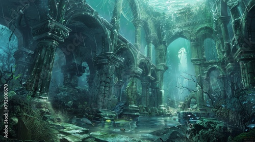 Mysterious aquatic creatures weaving through crumbling pillars and archways of a forgotten underwater city, ideal for fantasy RPG settings.