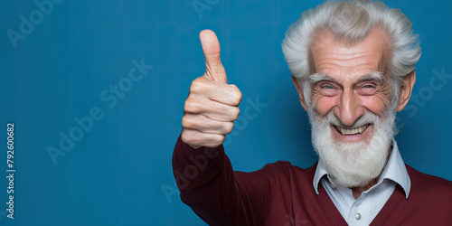 Smiling senior grandpa giving a thumbs-up on a clean white background, promoting retirement benefits.