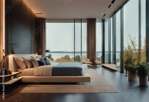 modern bedroom beautiful panoramic windows lake big interior view design ceiling Minimalist floor