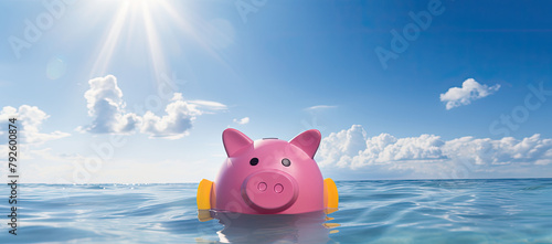 Tranquil scene: a pink piggy bank peacefully floats atop calm ocean waters against a backdrop of clear skies.