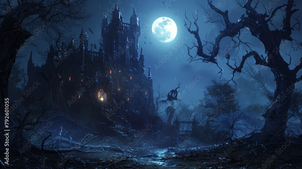 Haunted fortress under a full moon, eerie lights flickering within, surrounded by dead trees, setting the scene for a spooky RPG adventure.
