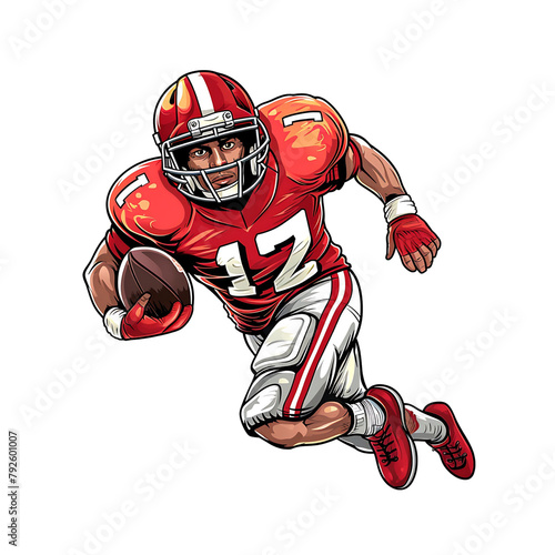 Focused American football player in mid-run with the ball, rendered in a vibrant, action-packed vector style. Generative AI