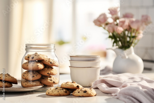 A plate of freshly baked cookies in a glass jar on kitchen table at sunny day light. Homemade bakery concept